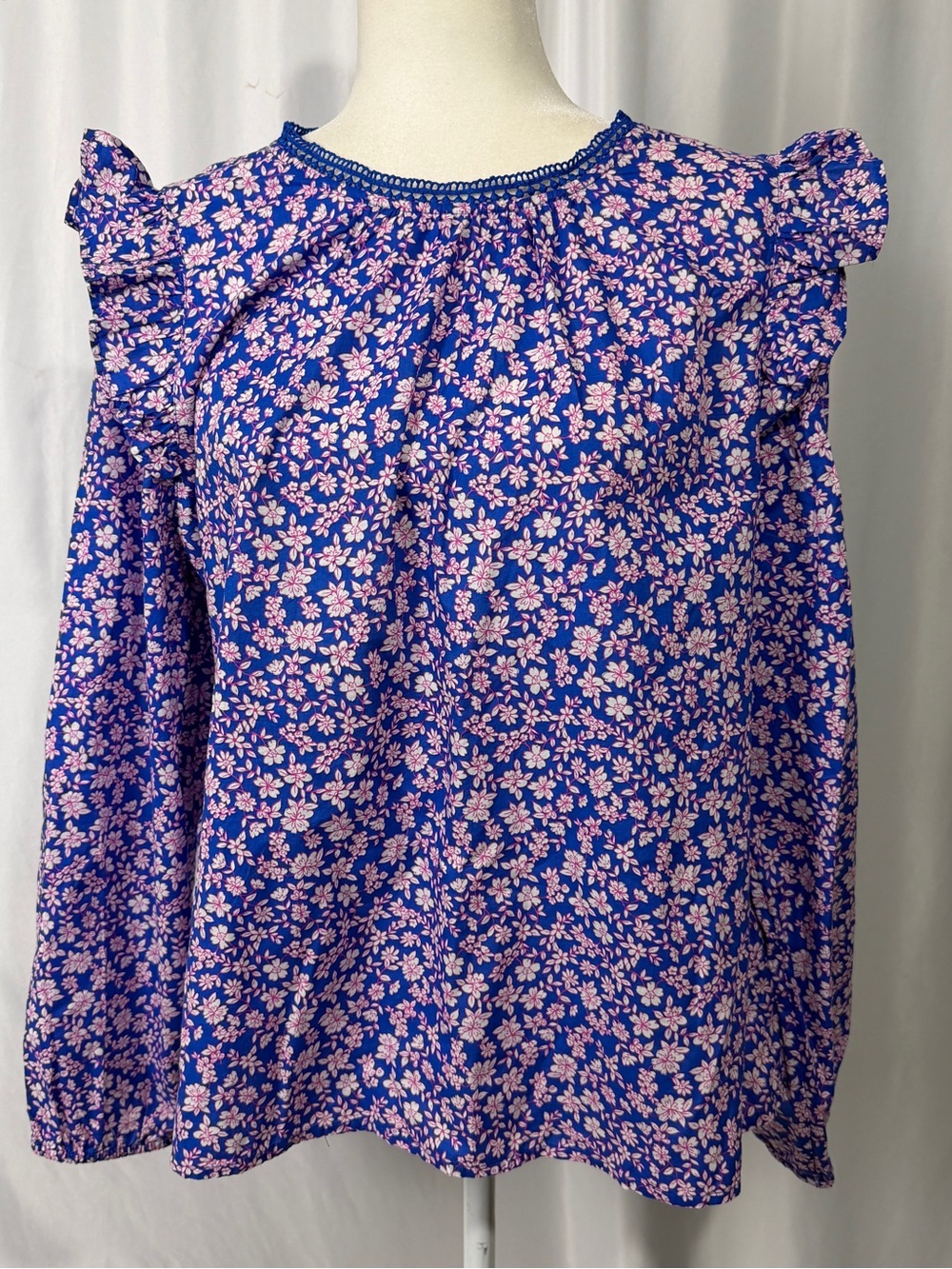 NWT J.Crew Factory Floral Ruffle Shoulder Blouse Top Blue Pink L